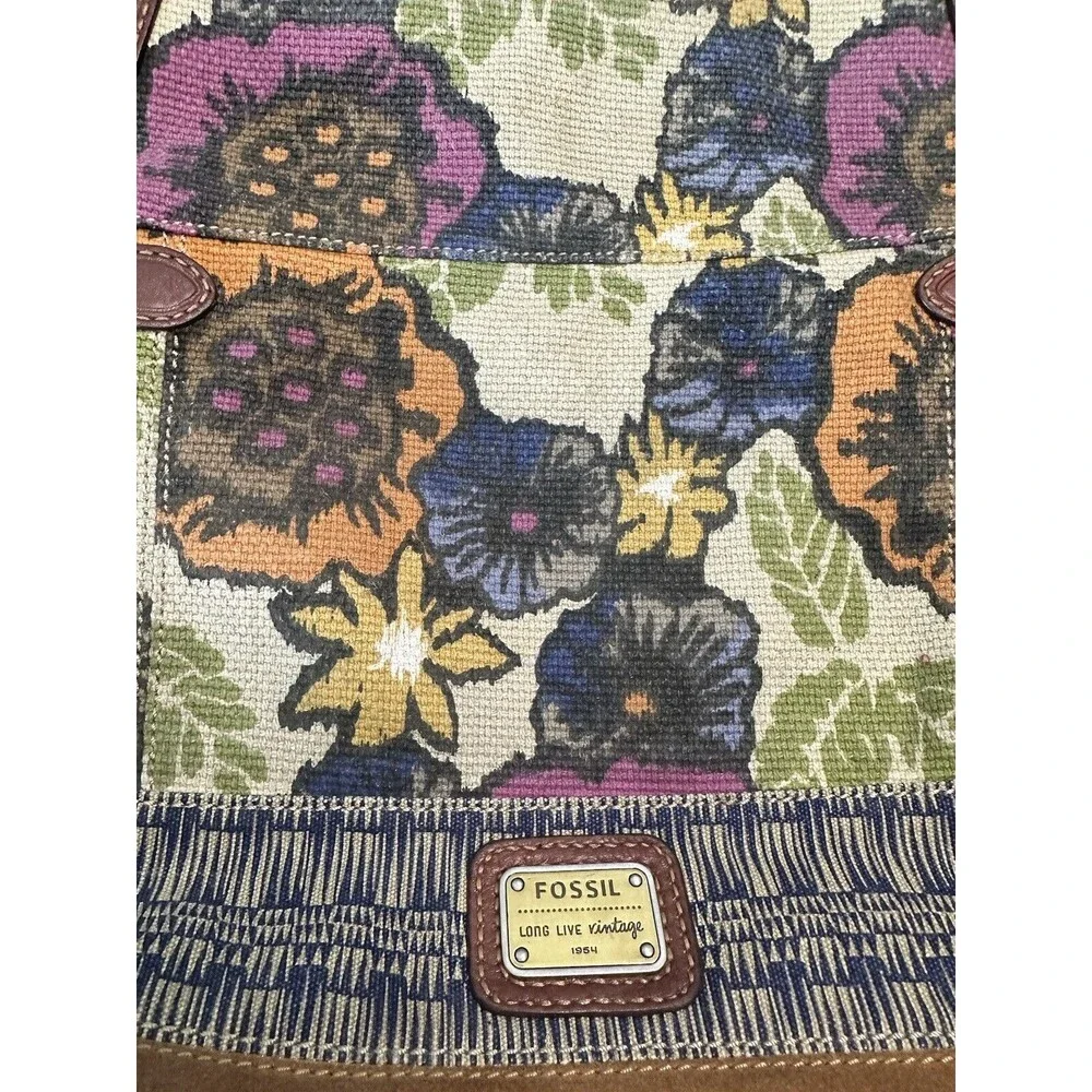 Fossil Long Live Vintage Floral Canvas Tote Hobo Purse Flowers